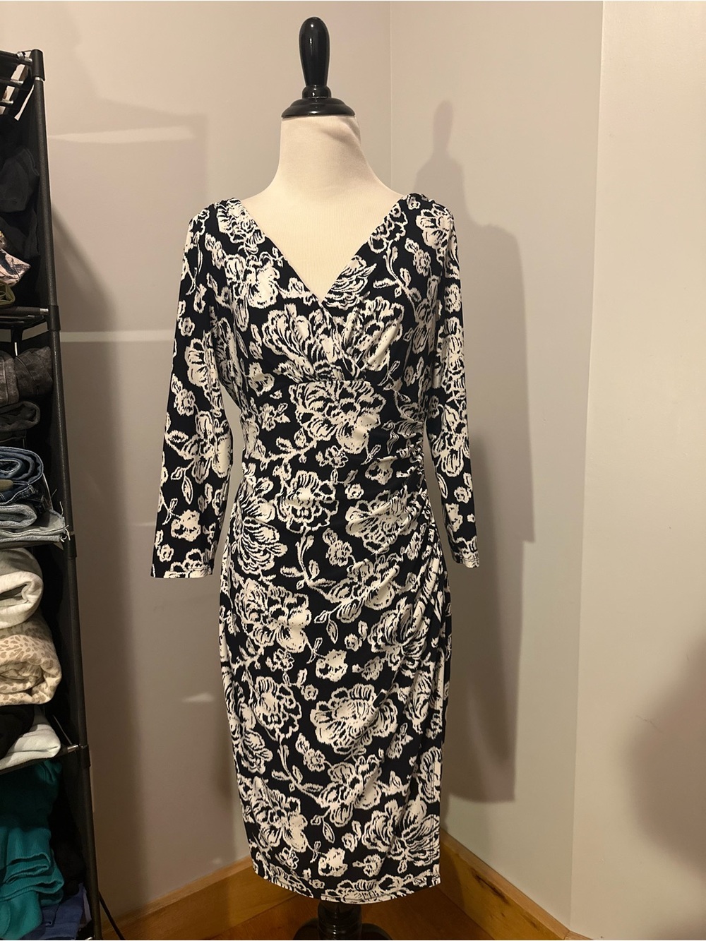 Ralph Lauren Black & White Floral Wrap-Style Dress